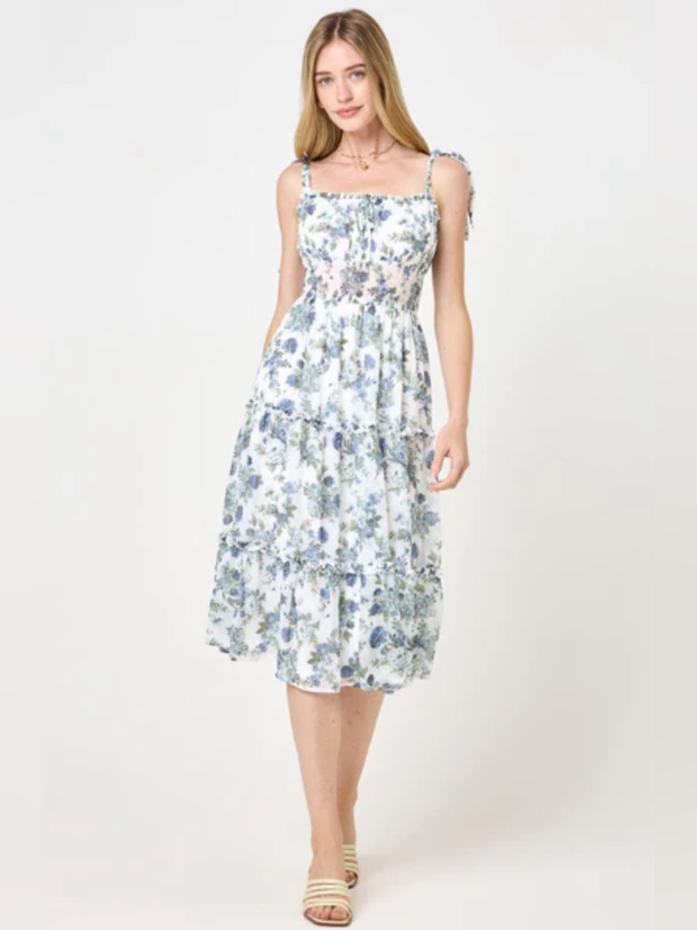 Trixxi White Blue Floral Tie Shoulder Chiffon Midi Dress Size Large Bridal